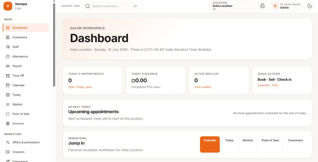 Vanopa CRM dashboard for salon operations